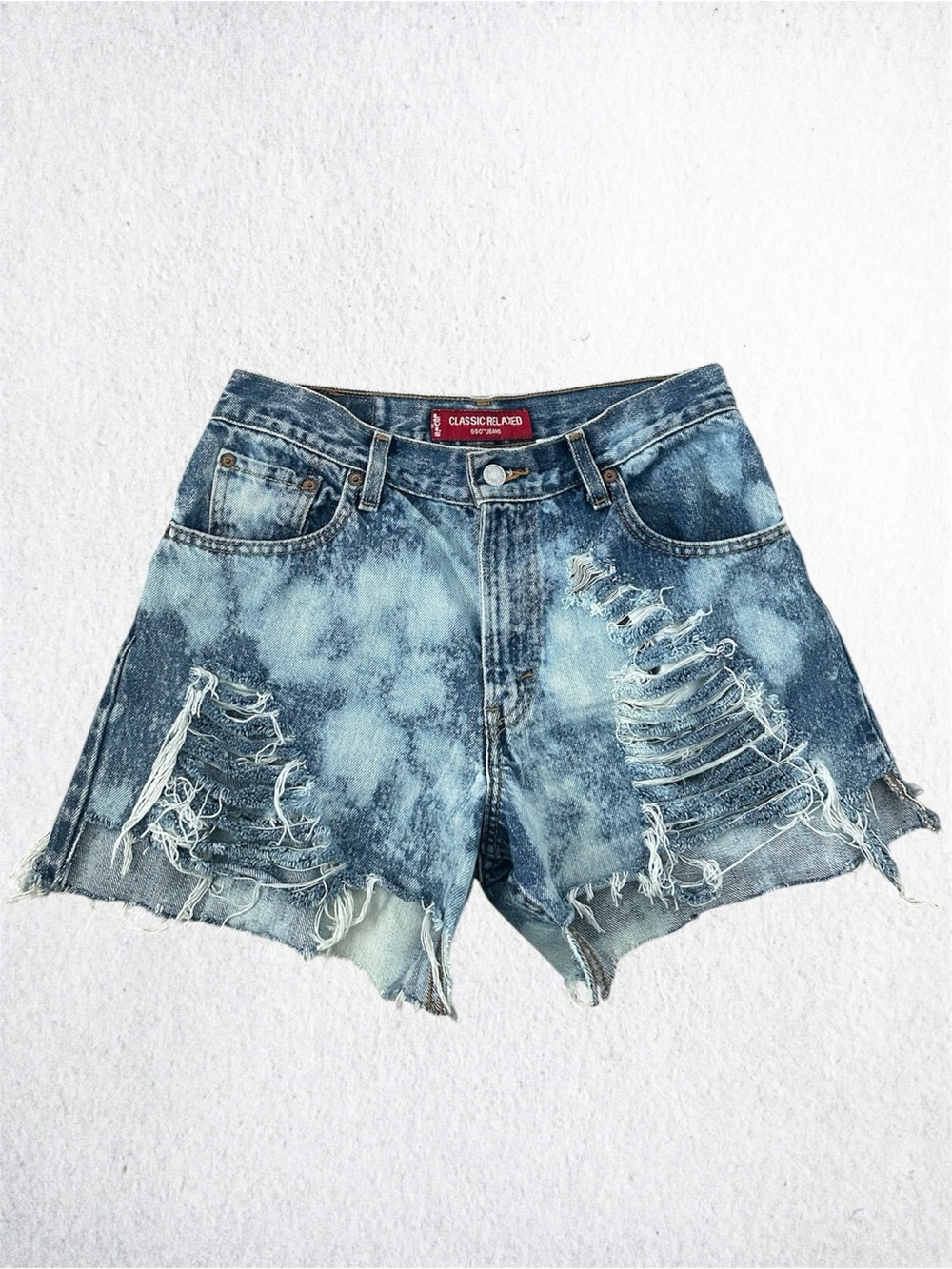 Reconstructed Levi's 550 Denim Shorts|Bleached, Distressed & Embellished Blue - Picture 4 of 5